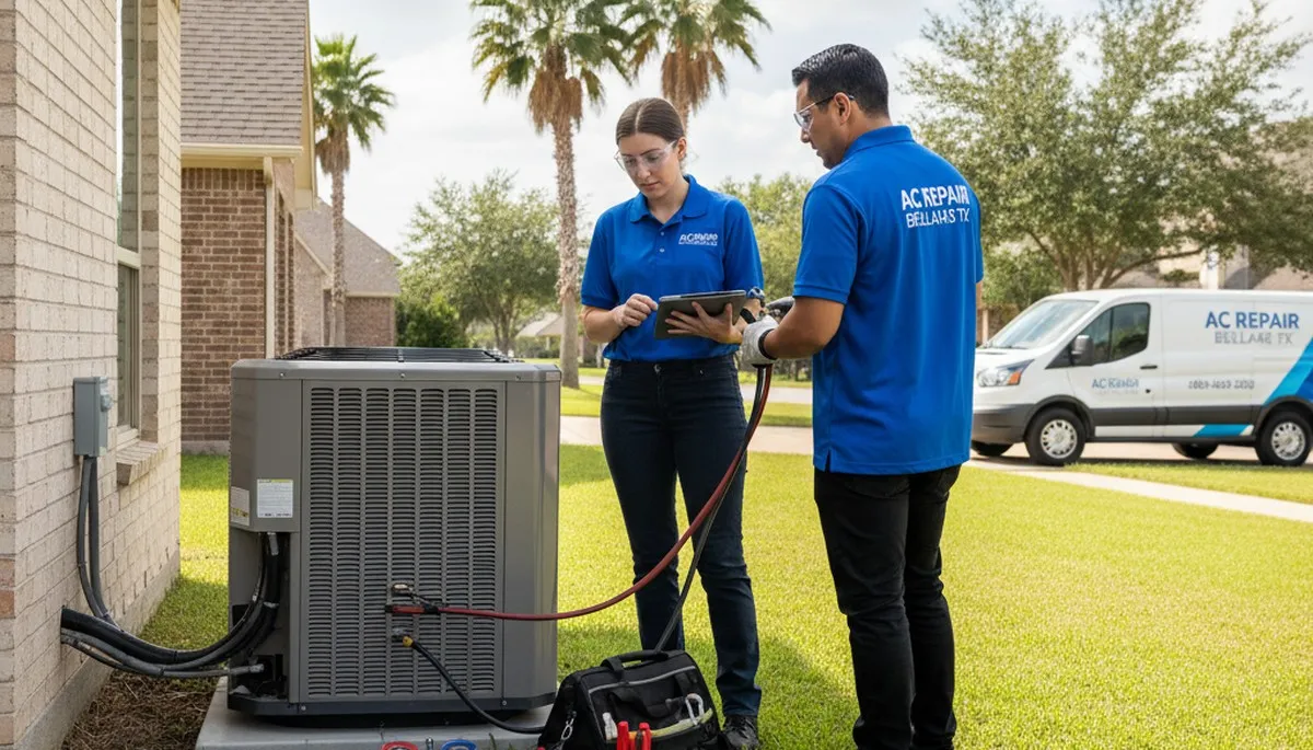 Professional AC repair technician servicing air conditioner unit in Houston TX home