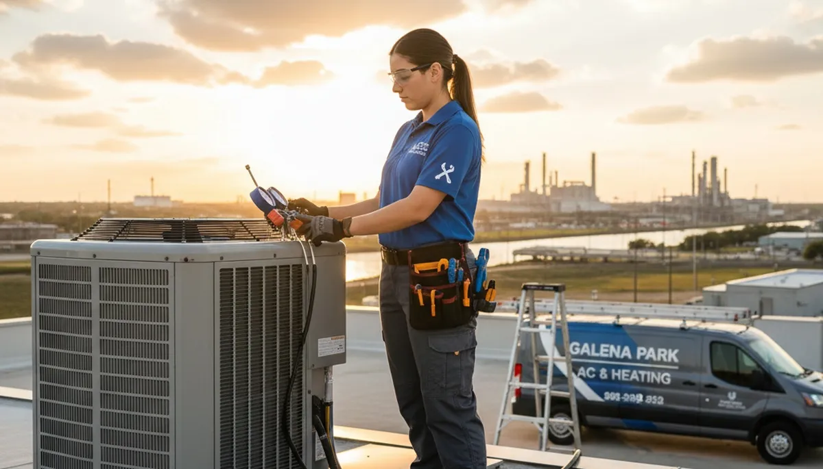 Professional AC repair technician servicing air conditioner in Houston TX home