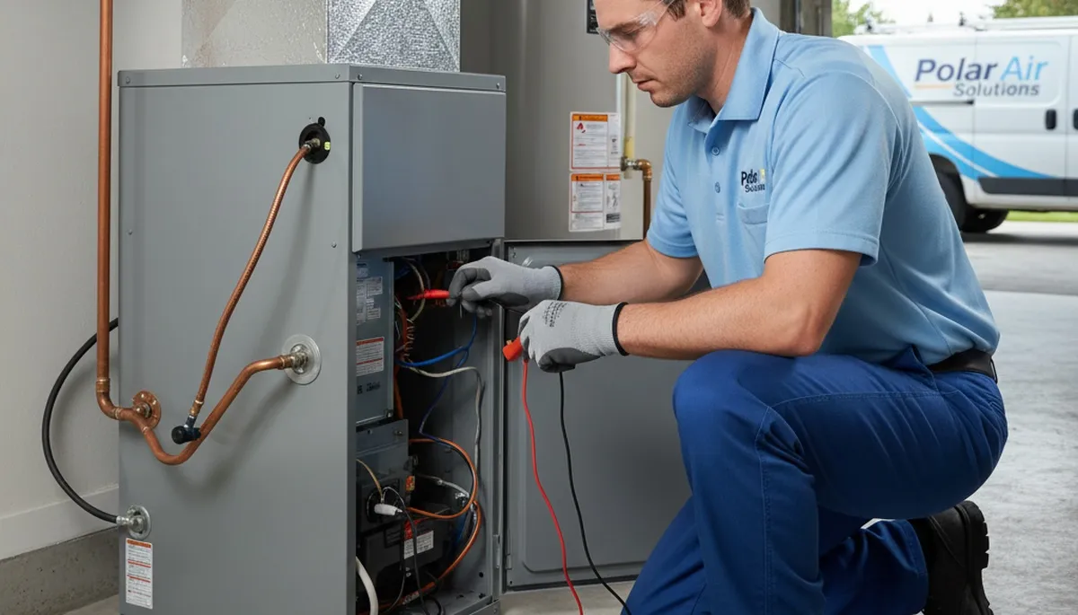 Technician performing furnace repair in Houston TX for Five Star Cooling heating service