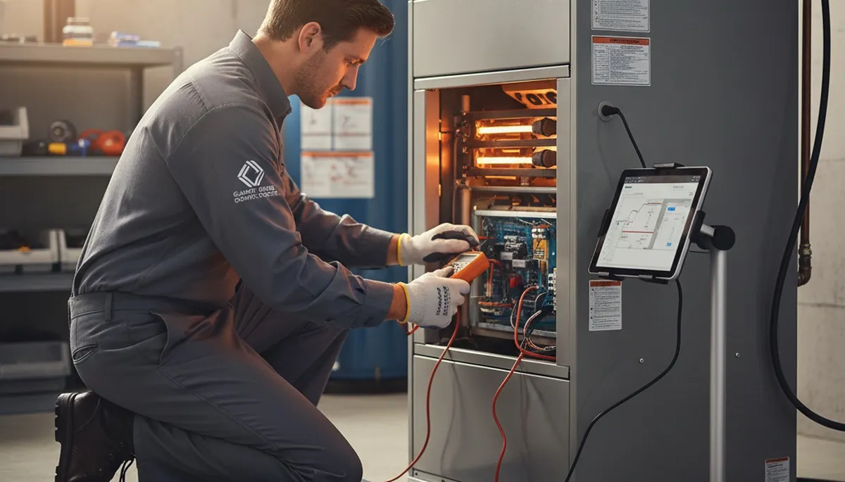 Technician performing furnace heating repair for a Houston, TX home by Five Star Cooling
