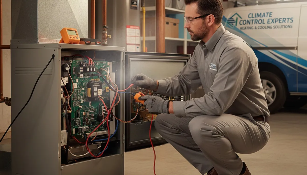 Technician performing heating repair service in Houston TX home for Five Star Cooling