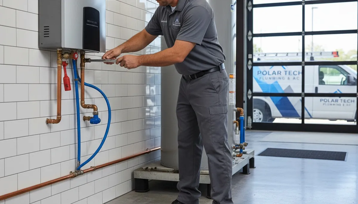 Technician repairing residential water heater in Houston TX for Five Star Cooling service